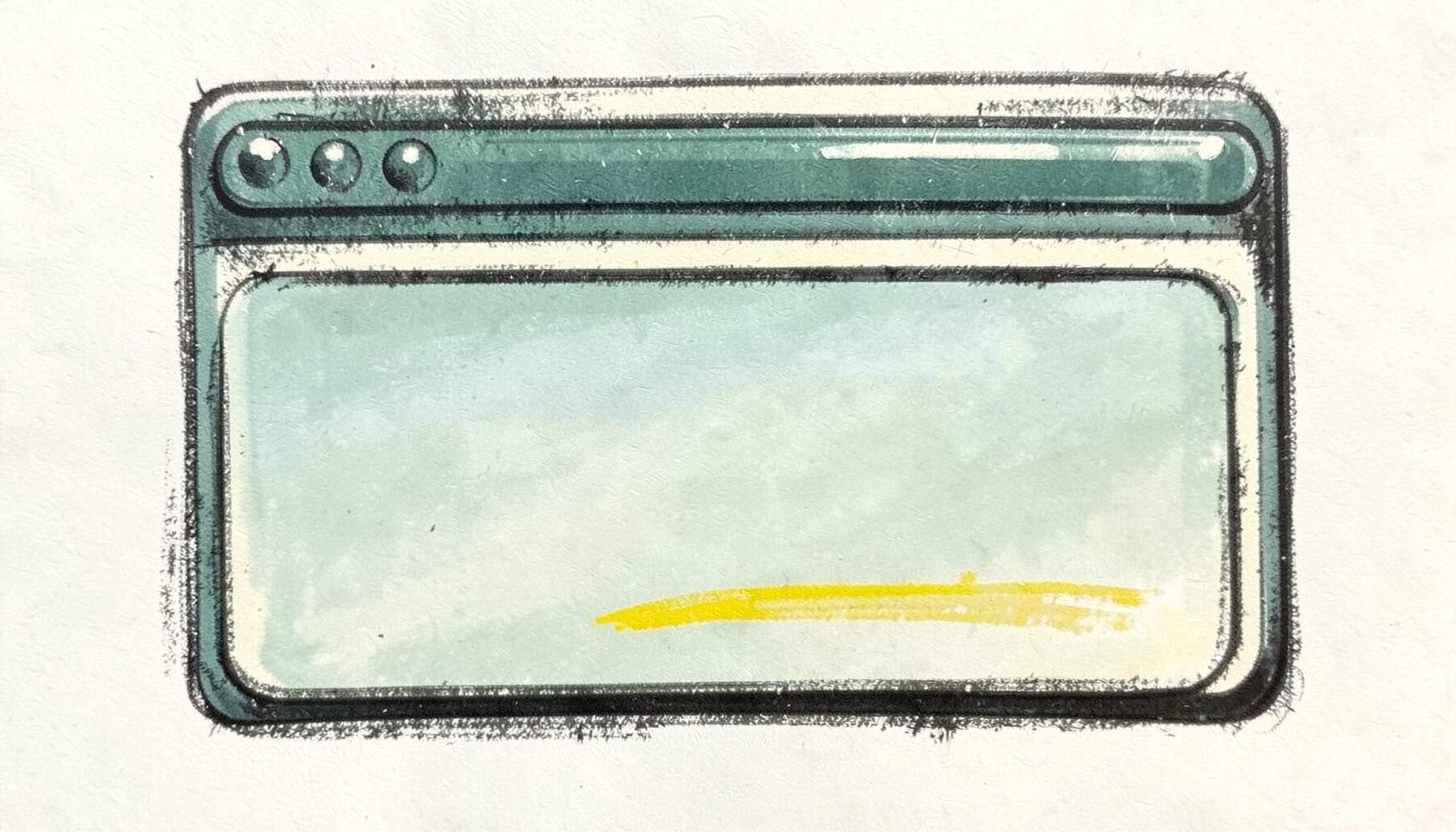 A bold charcoal sketch of a Web 2.0 style interface panel with glossy highlights, rounded tabs, and soft gradients in muted teal and cream