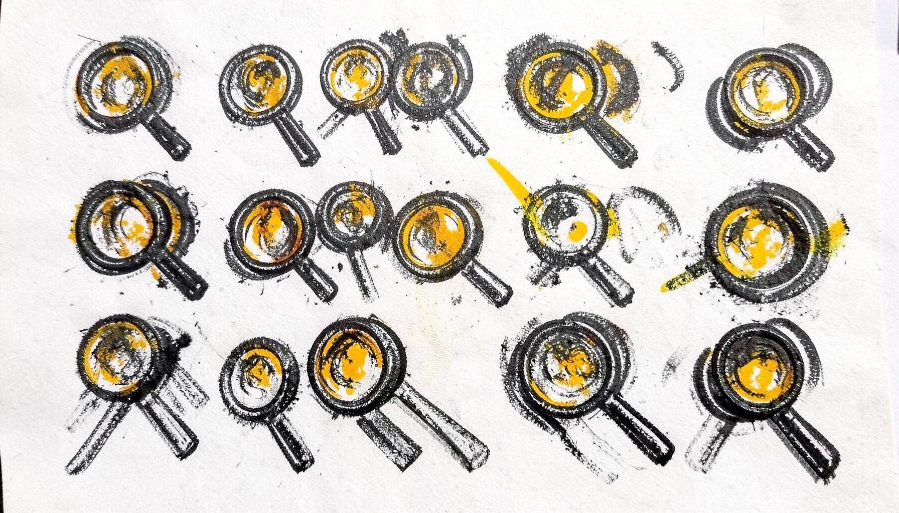 A bold charcoal drawing of magnifying glass icons arranged in a grid, with crisp handles and circular lenses in warm amber and charcoal