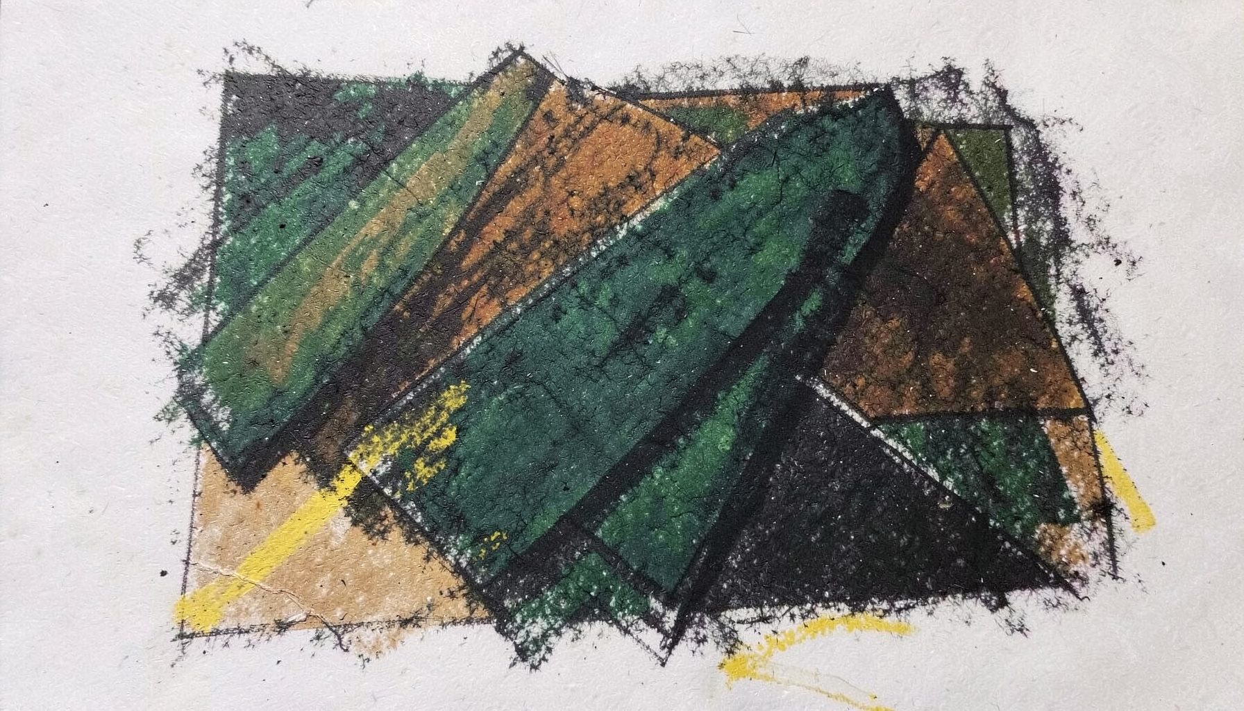A bold charcoal drawing of layered design elements, overlapping panels and soft geometric shapes in deep greens and warm amber tones