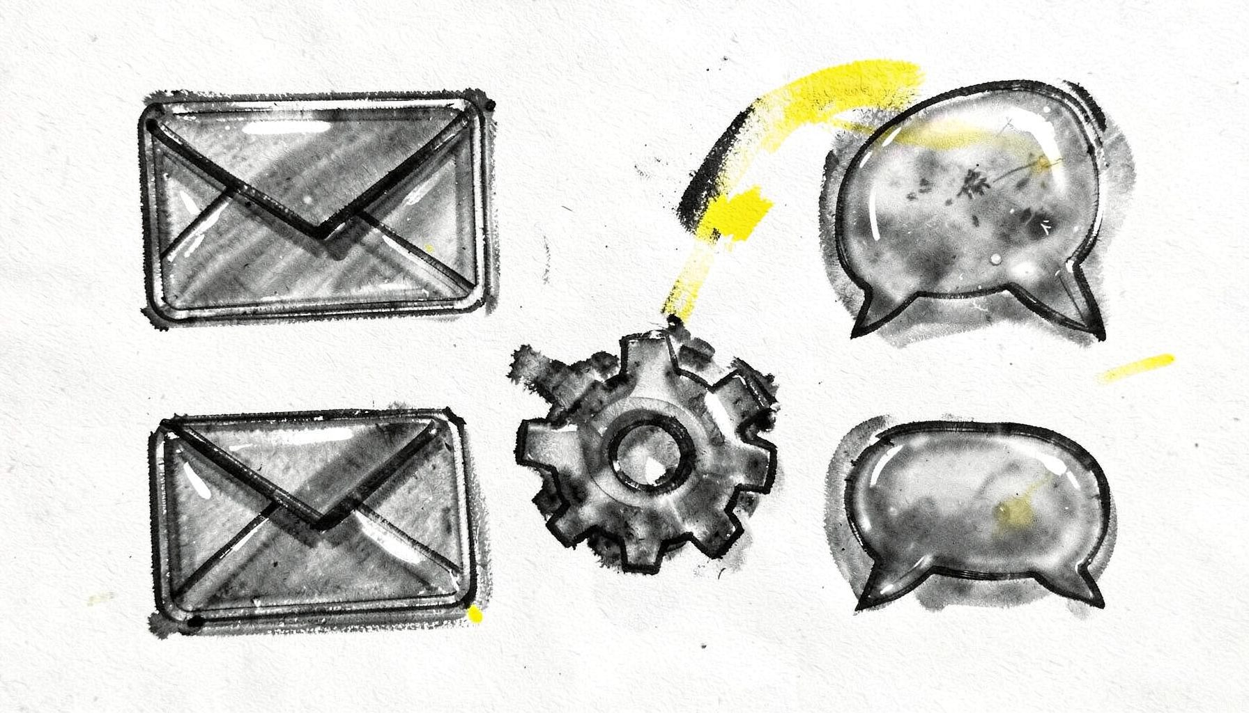 A bold charcoal illustration of translucent glass-style web icons — envelopes, gears, and chat bubbles with frosted surfaces and soft highlights