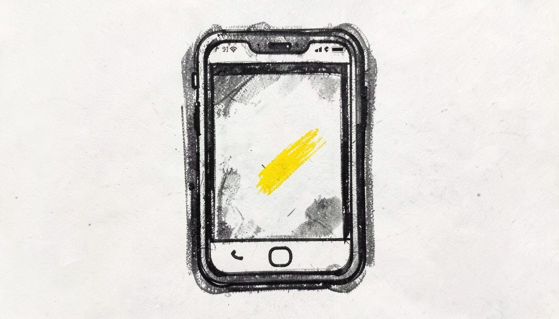 A bold charcoal drawing of a layered iPhone interface mockup, with screen frames, button placements, and status bar details
