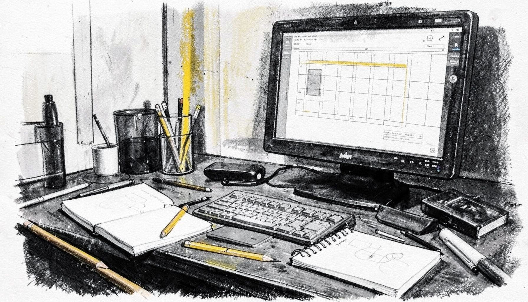 A bold charcoal drawing of a designer's desk with sketchpads, pencils, and a monitor showing layout grids, rendered in deep grays and soft whites with subtle mustard highlights