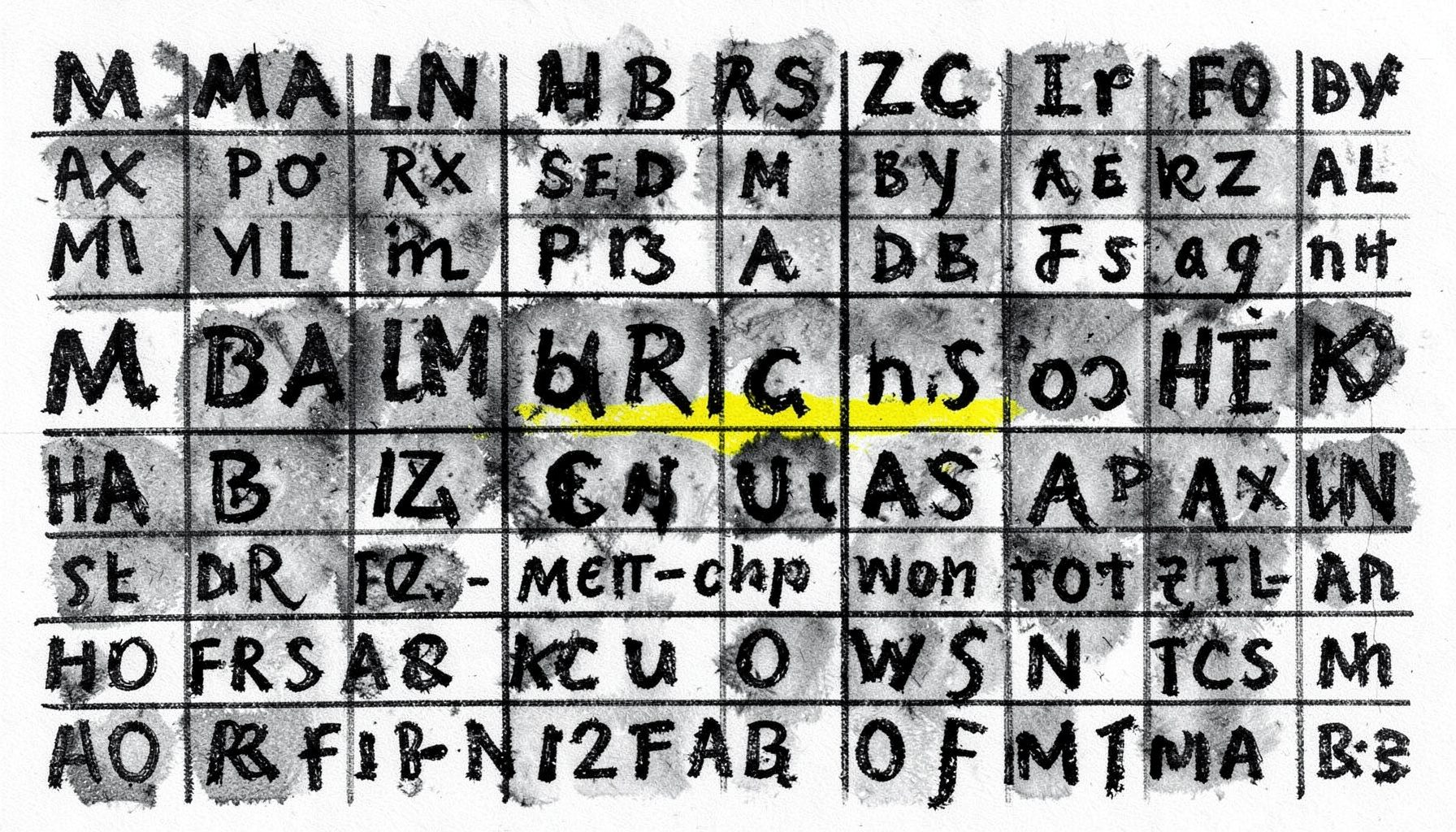 A bold charcoal illustration of a periodic-table-style grid filled with letterforms and type samples, rendered in rich blacks and soft grays