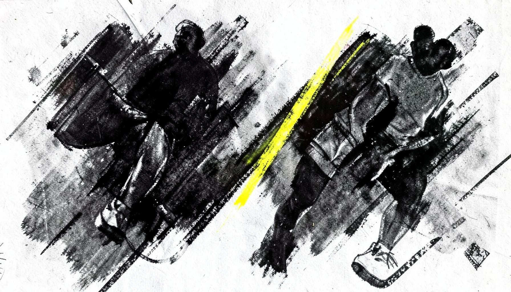A bold charcoal sketch of sport-themed website designs with dynamic diagonal compositions, dark energetic strokes