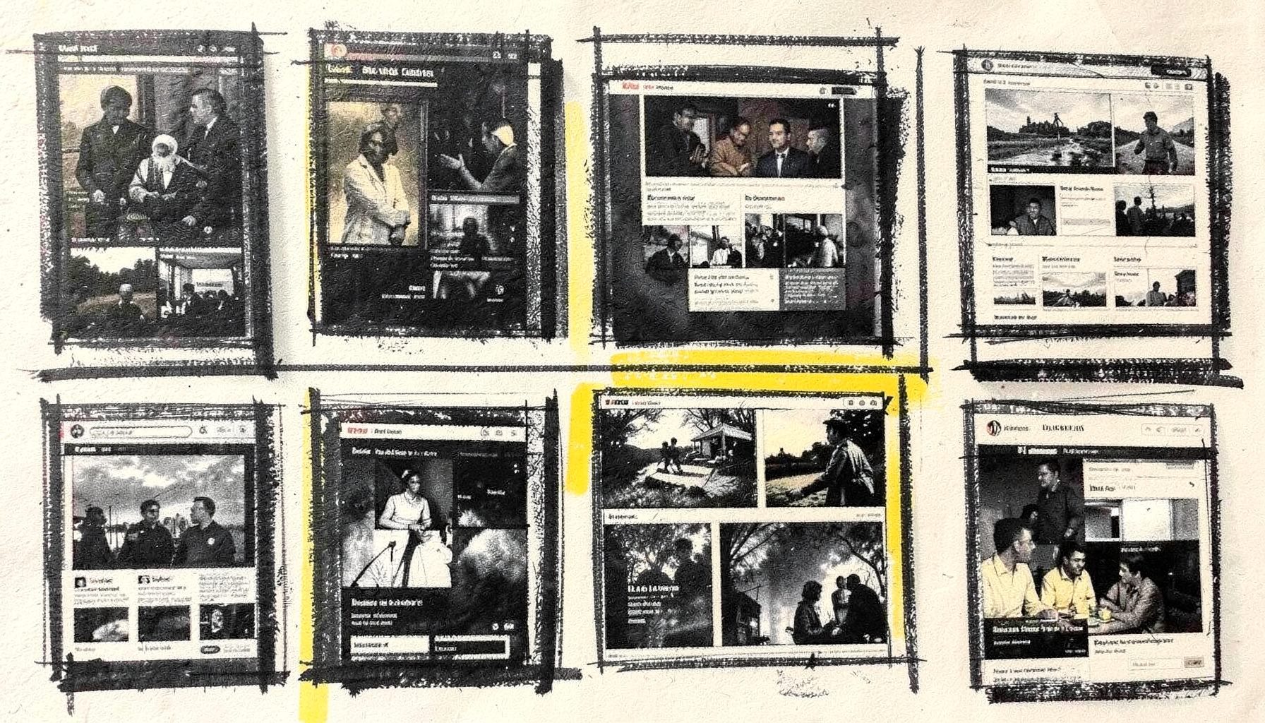 A bold charcoal sketch of a gallery wall filled with varied website layout thumbnails, rich dark grays and warm cream accents