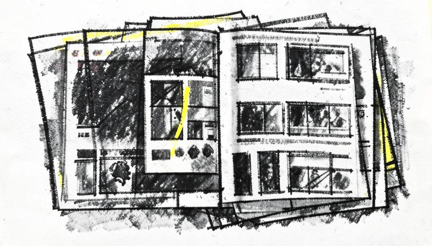 A bold charcoal drawing of layered magazine-style web layouts with strong grid structures, deep charcoal and soft white