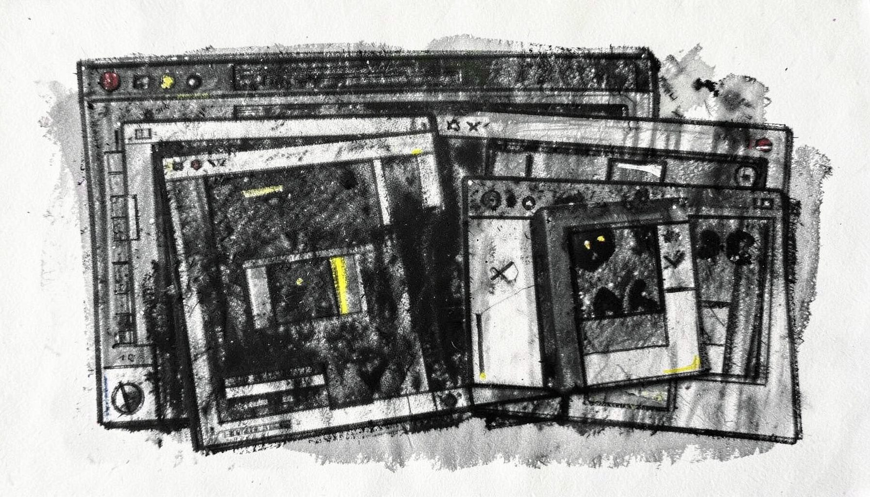 A bold charcoal drawing of overlapping browser windows and abstract geometric layouts, dark moody tones with soft highlights