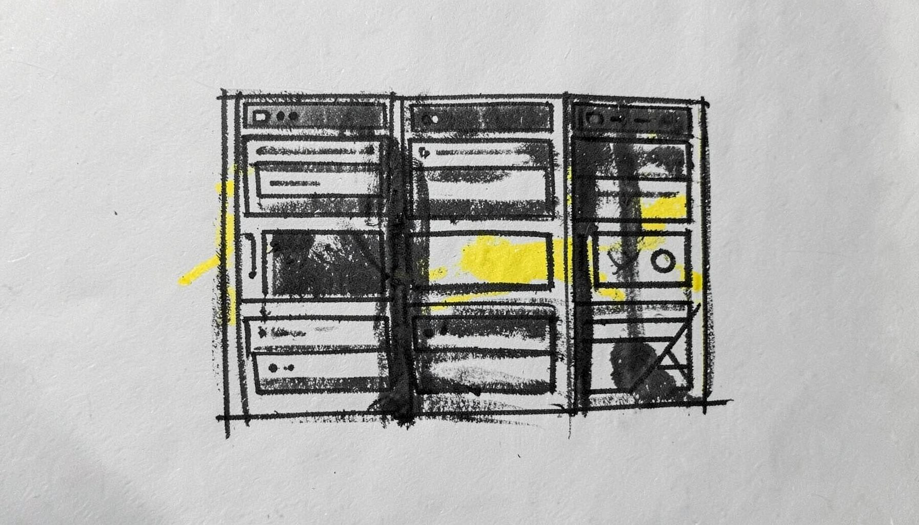 A bold charcoal drawing of accordion-style UI panels and tabbed interfaces, crisp geometric lines on a soft gray ground