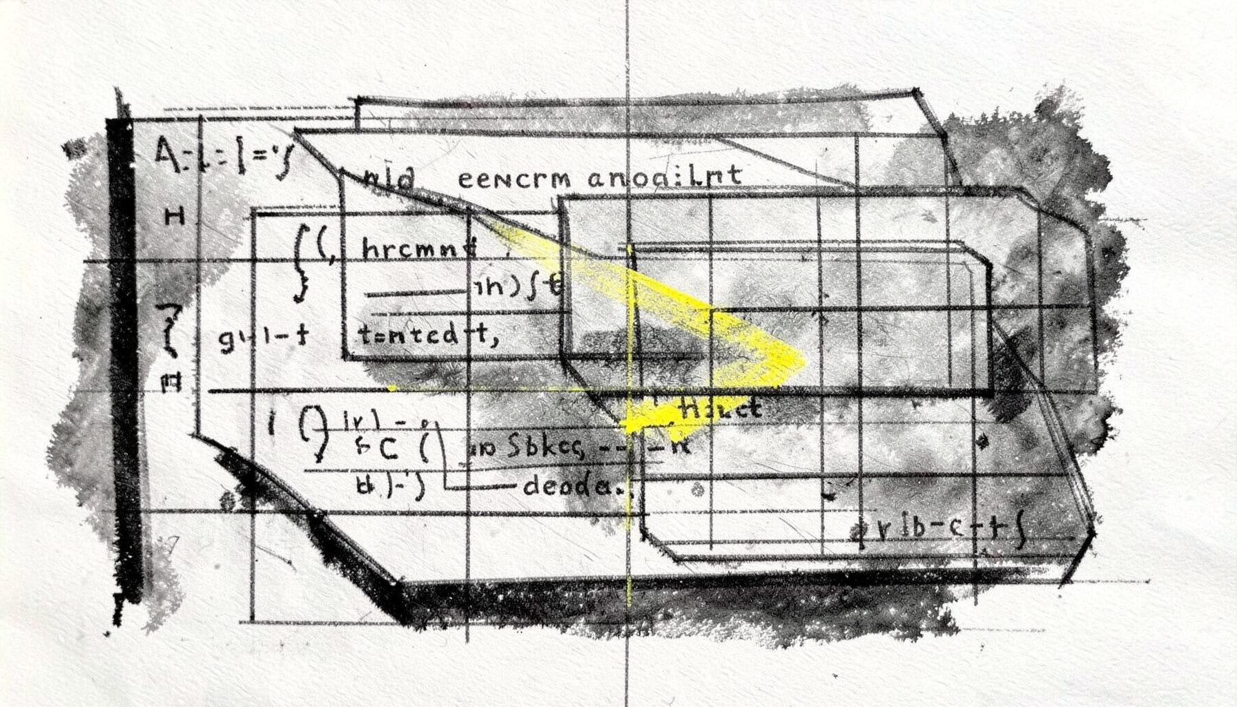 A bold charcoal drawing of layered design files transforming into clean code, with structured grids and soft tonal gradients
