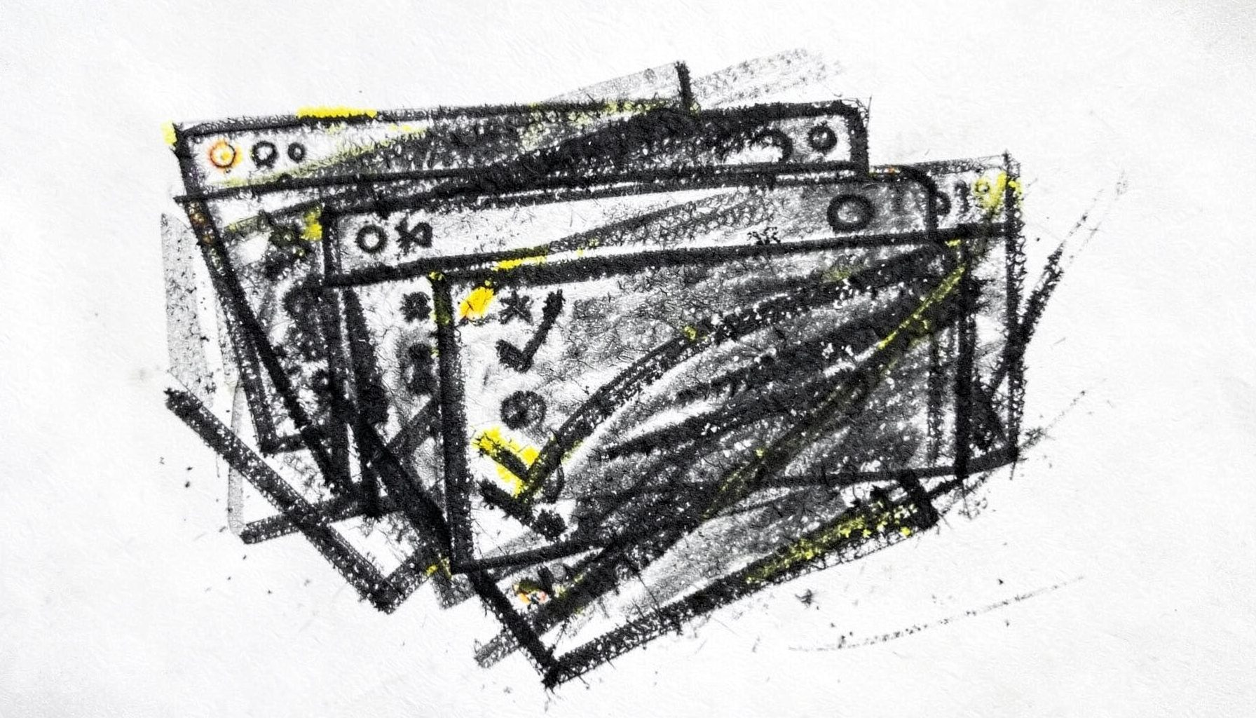 A bold charcoal drawing of browser windows stacked in perspective, with testing checkmarks rendered in heavy graphite strokes