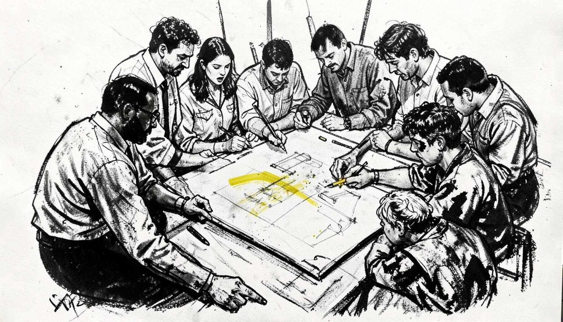 A bold charcoal drawing of multiple designers collaborating around a large sketchpad, with energetic strokes and varied line weights