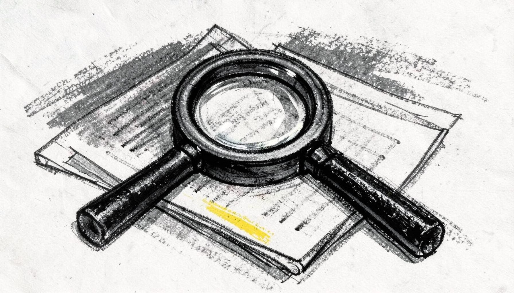 A bold charcoal drawing of a magnifying glass over a document, with deep shadows and soft highlights, conveying scrutiny and evaluation