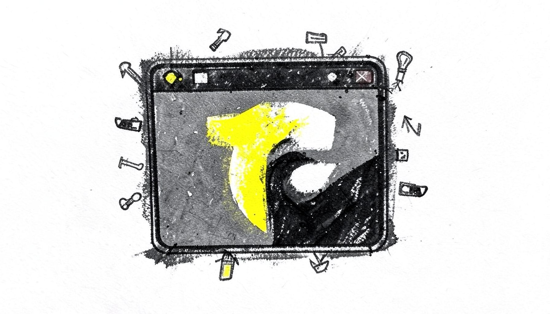 A bold charcoal drawing of a Firefox browser icon surrounded by small tool icons, with crisp outlines and subtle shading