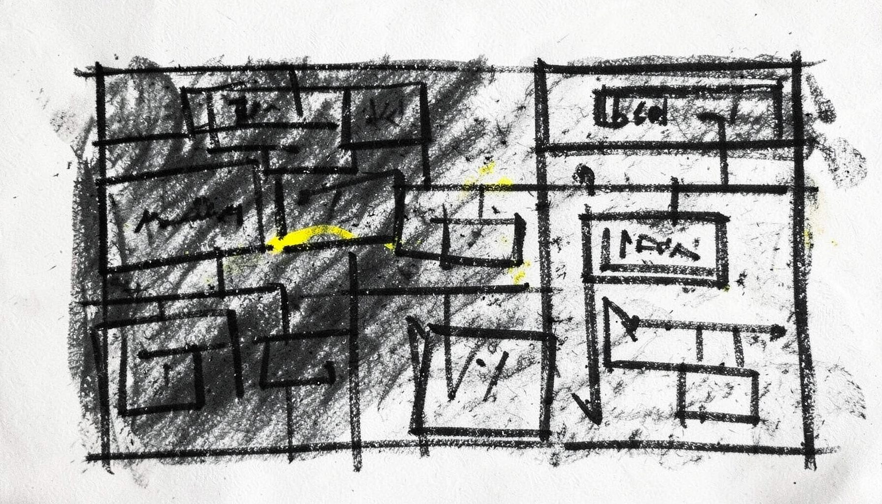 A bold charcoal drawing of project management boards with cards and timelines, rendered in loose expressive strokes