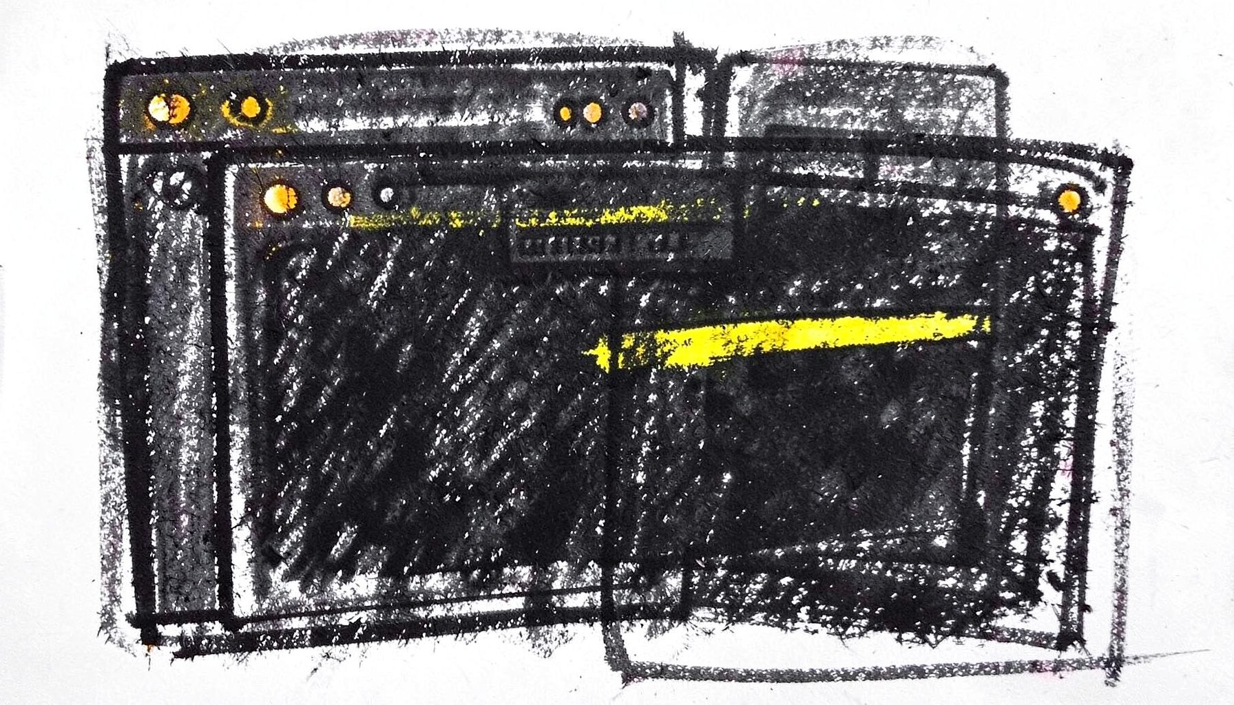 A bold charcoal drawing of overlapping browser windows with glowing amber navigation dots suggesting a slideshow interface