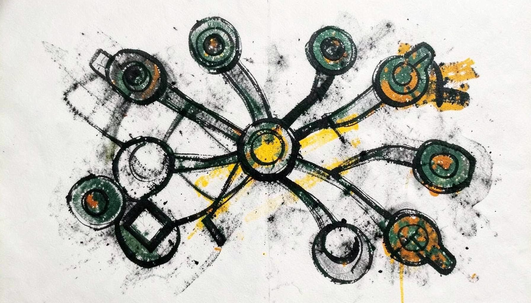 A bold charcoal drawing of interconnected nodes and feed icons in deep green and warm amber tones