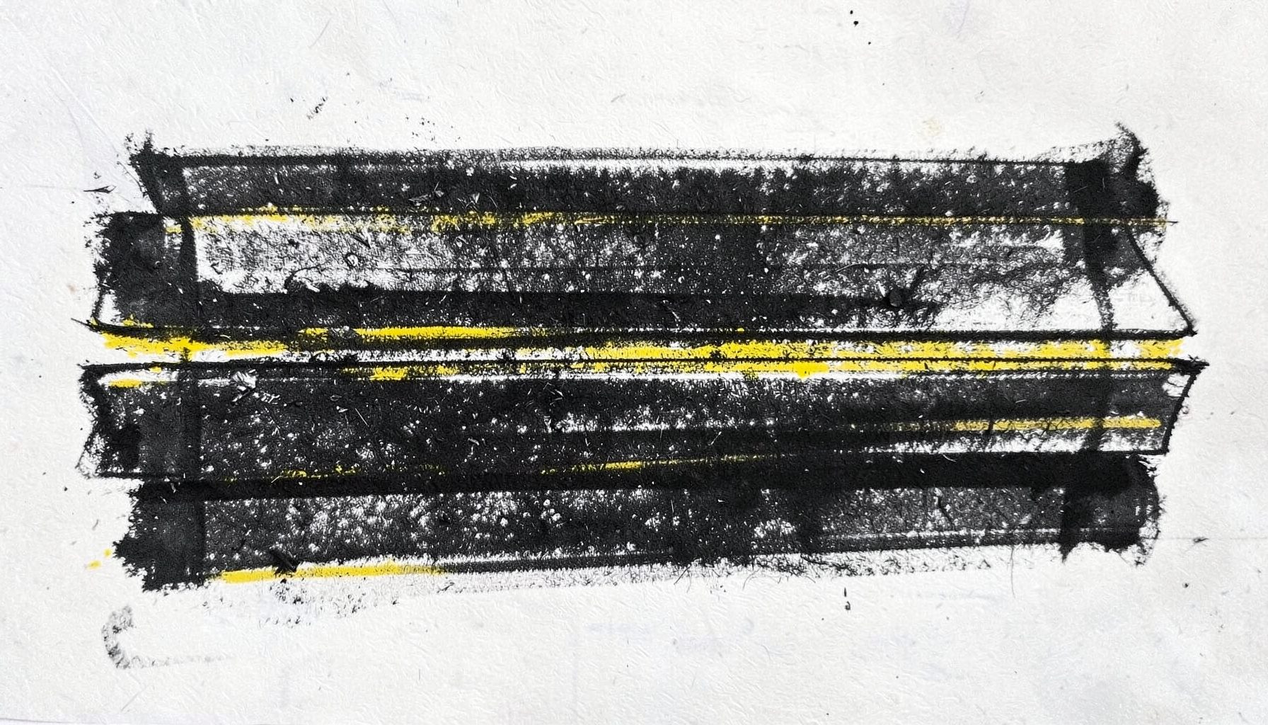 A bold charcoal drawing of layered tab panels sliding horizontally with mustard accent lines