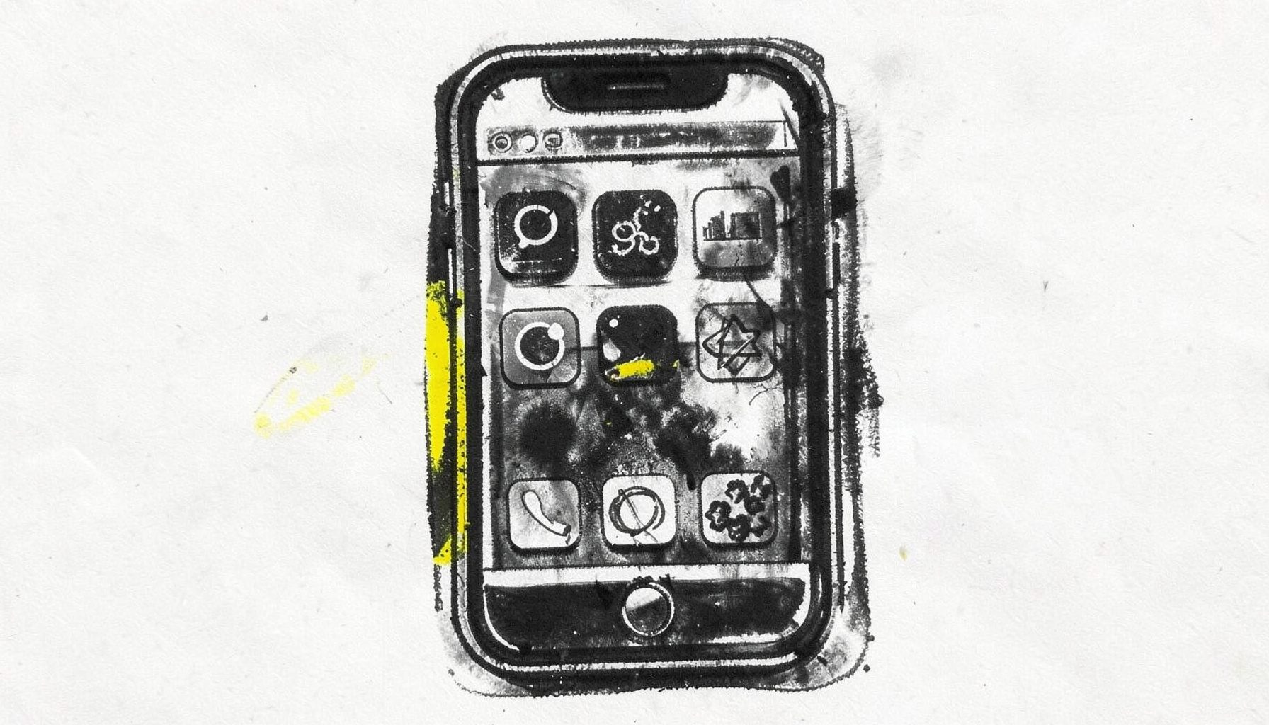 Bold charcoal rendering of a layered iPhone interface mockup with app icons and chrome elements