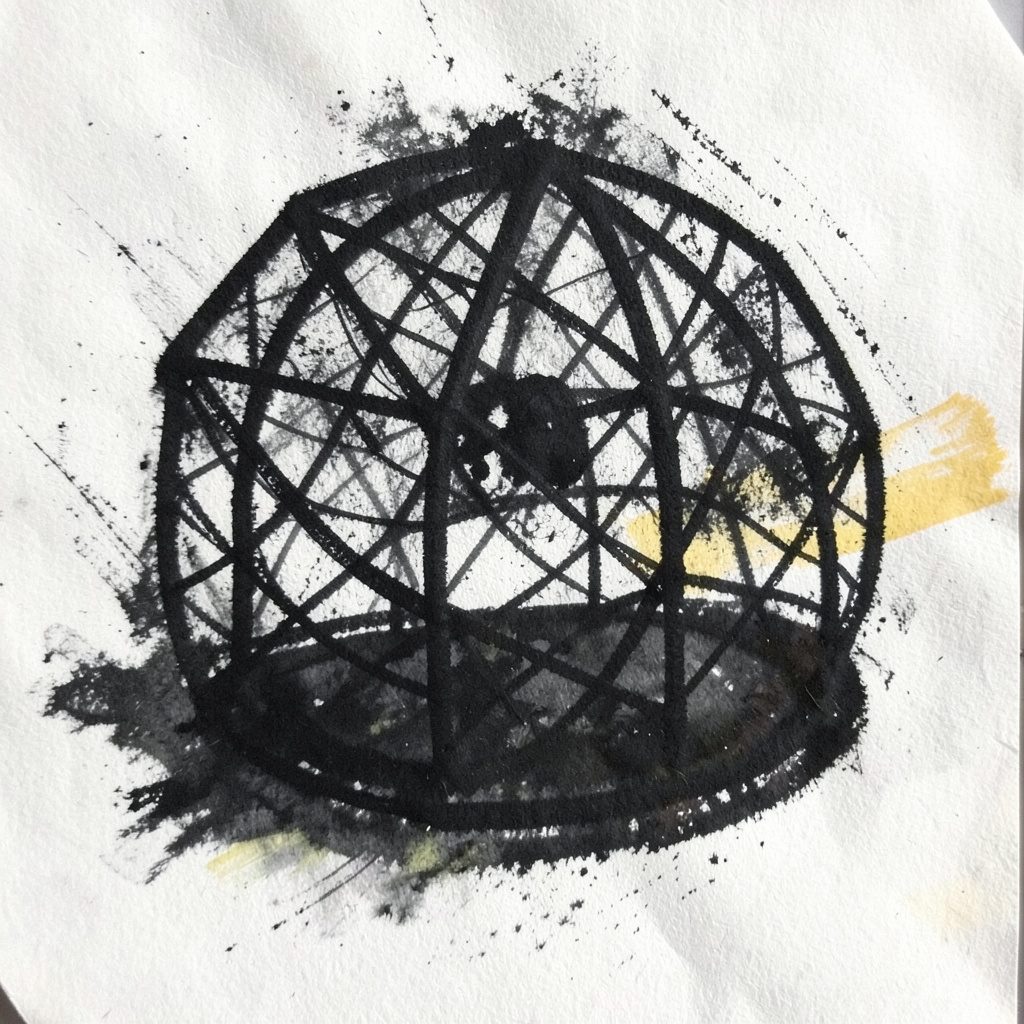 Dark abstract web of layered design elements in charcoal and deep green tones